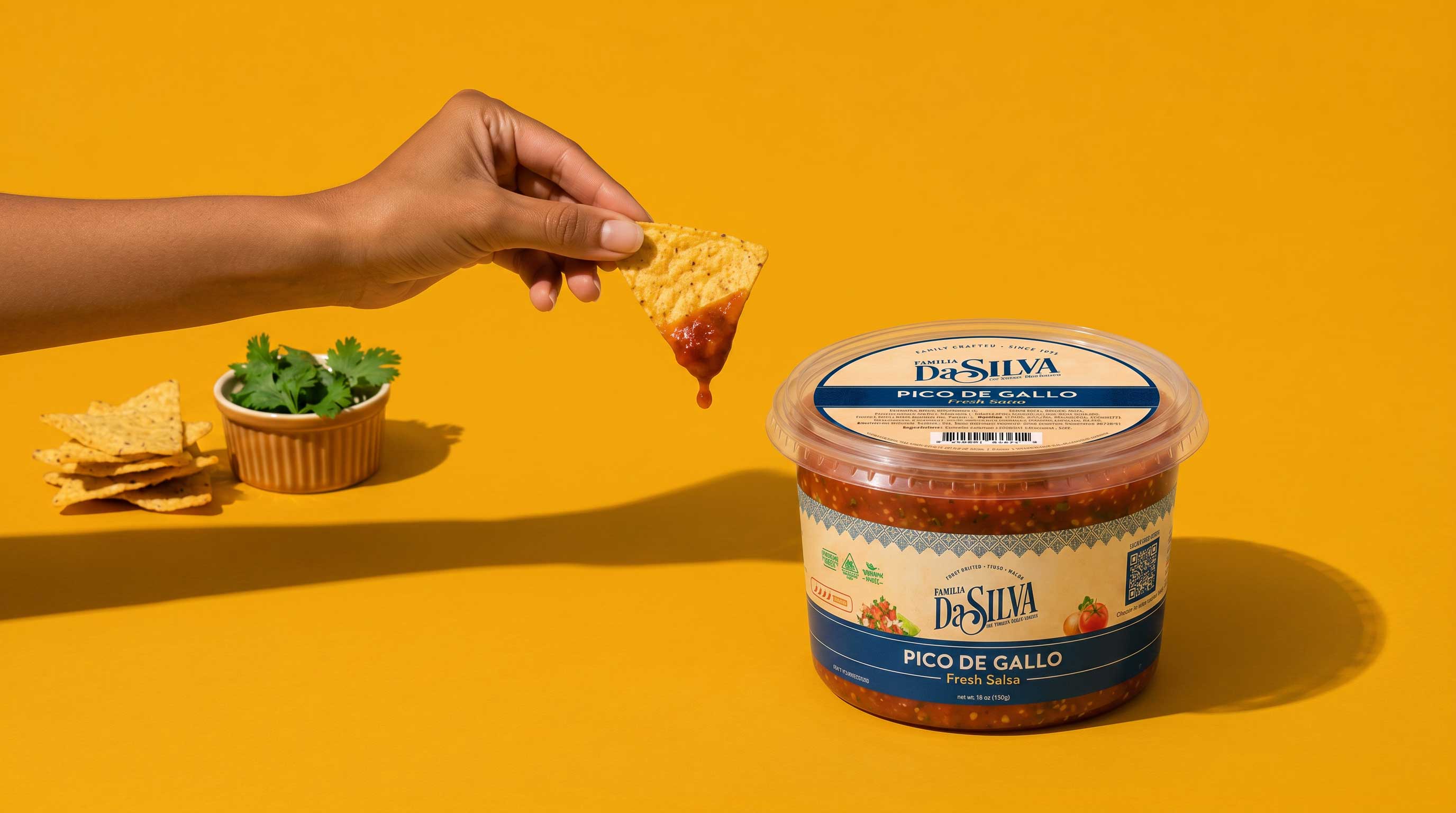 DaSilva Pico de Gallo salsa with a tortilla chip dipping in